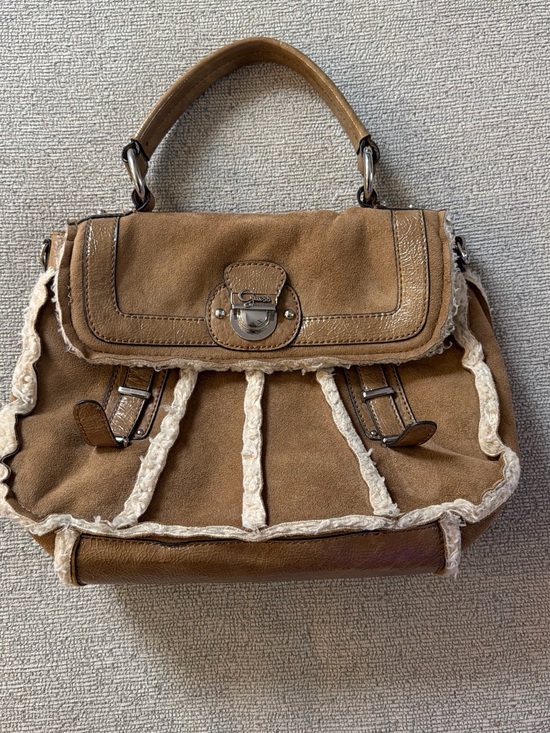 Guess Handbags - Guess Tan Suede Shoulder Satchel with Cream Trim